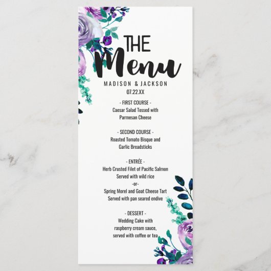 Munt & Paarse Bloemen Waterverf Bruiloft Menu (Voorkant)