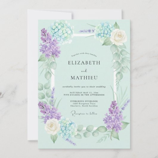 Munt Paarse Hydrangea Eucalyptus Bruiloft Kaart (Voorkant)