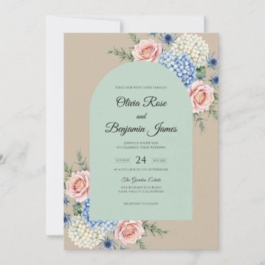 Munt Paarse Hydrangea Zachte Eucalyptus Bruiloft Kaart (Voorkant)