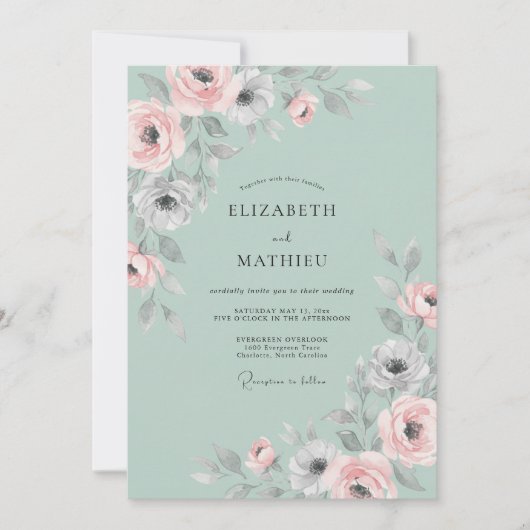 Munt Pastel Ranunculus Eucalyptus Bruiloft Kaart (Voorkant)