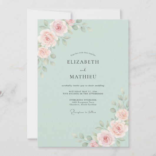 Munt Perzik Ranunculus Eucalyptus Bruiloft Kaart (Voorkant)