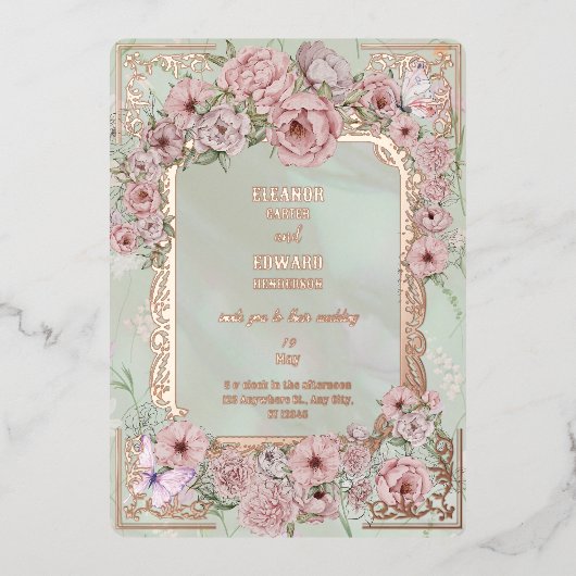 munt pioen bruiloft folie uitnodiging (Voorkant)