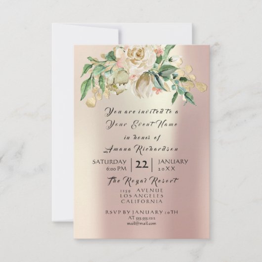 Munt Roos Champaigne Goud Bloemenaquarel Parel Kaart (Voorkant)