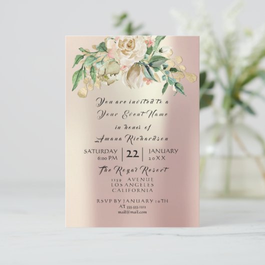 Munt Roos Champaigne Goud Bloemenaquarel Parel Kaart (Staand voorkant)