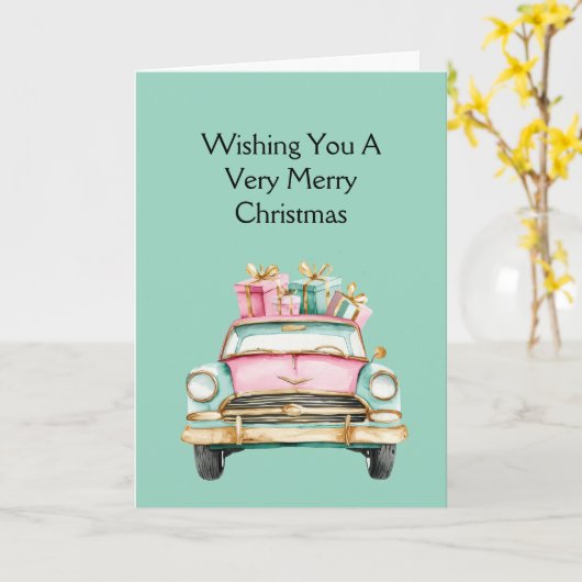Munt Roze Auto Kerstcadeaus Kaart (Gele Bloem)