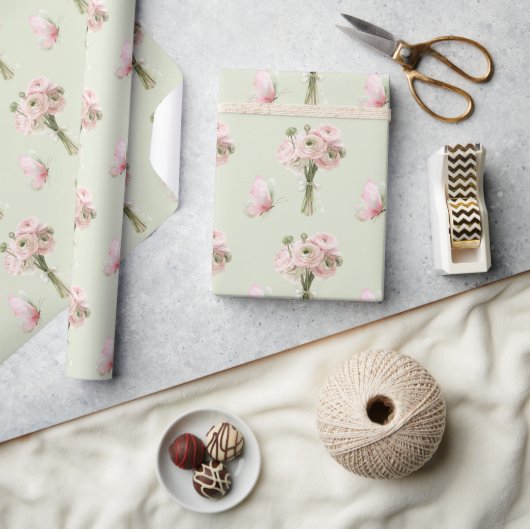 Munt Roze Ranunculus Bloemen Vlinders Verjaardag Cadeaupapier (Crafts)