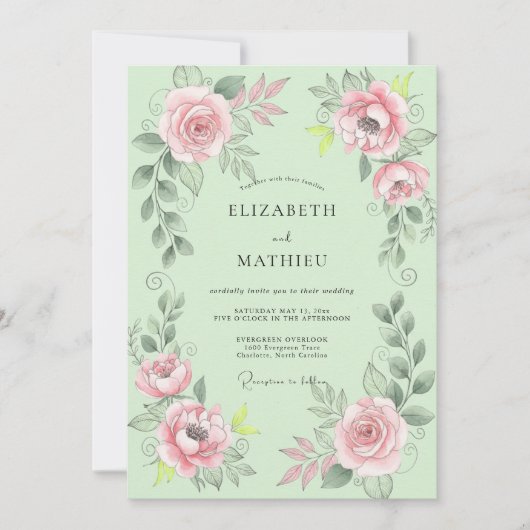 Munt Roze Ranunculus Eucalyptus Bruiloft Kaart (Voorkant)