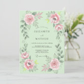 Munt Roze Ranunculus Eucalyptus Bruiloft Kaart (Staand voorkant)