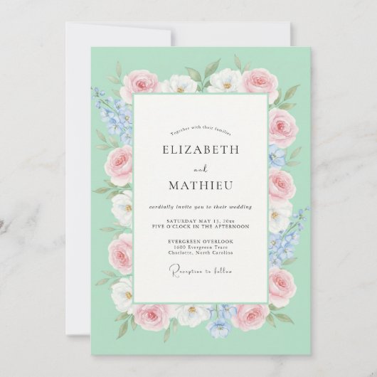 Munt Roze Wilde Bloemen Bruiloft Kaart (Voorkant)