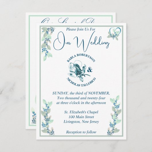 Munt, Salie, en Witte Bloemen Huwelijk Kaart (Voorkant / Achterkant)