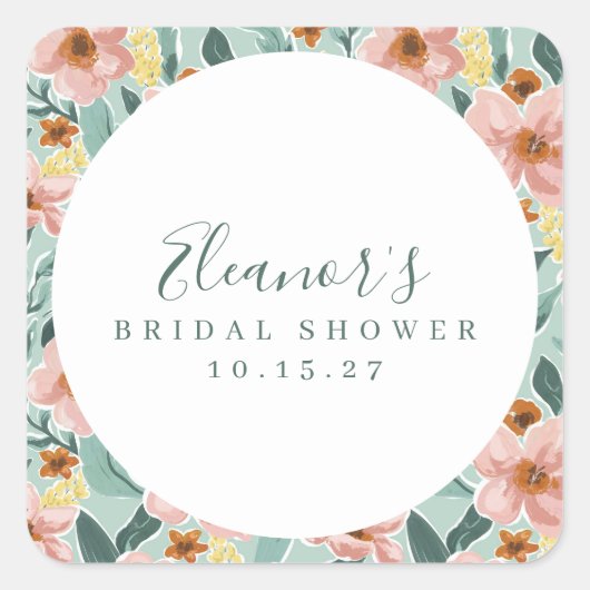 Munt Salie Roze Bloemig Script Bruiloft Feest Cust Vierkante Sticker (Voorkant)