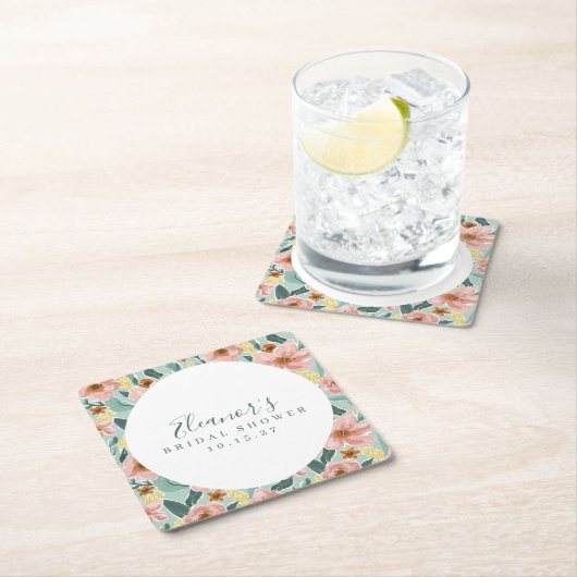 Munt Salie Roze Bloemige Script Bruiloft Feest Cus Kartonnen Onderzetters (Insitu)