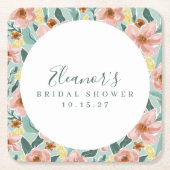 Munt Salie Roze Bloemrijke Script Bruiloft Custom Kartonnen Onderzetters (Voorkant)