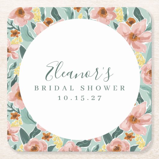 Munt Salie Roze Bloemrijke Script Bruiloftsdossier Kartonnen Onderzetters (Voorkant)