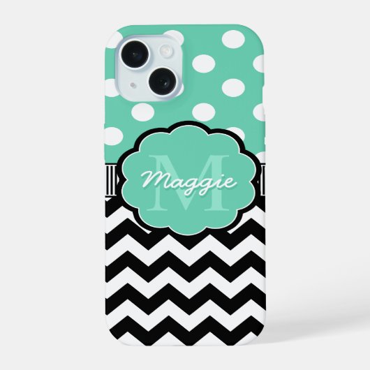 Munt Stippen Zwarte Chevron Monogram iPhone 15 Case (Achterkant)