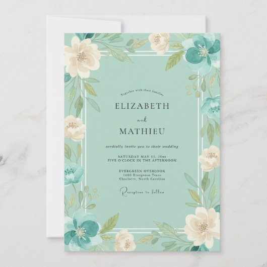 Munt Teal Ranunculus Eucalyptus Bruiloft Kaart (Voorkant)