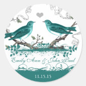 Munt Teal Romantische Rustieke Liefdesvogel Bruilo Ronde Sticker (Voorkant)