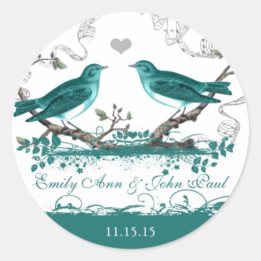 Munt Teal Romantische Rustieke Liefdesvogel Bruilo Ronde Sticker (Voorkant)