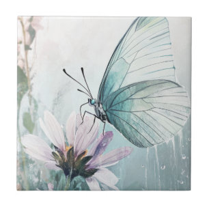 Munt Teal Vlinder Zachte Pastel Bloemen Tegeltje