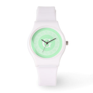 Munt Wit Grieks Sleutel RND Lijst Initiaal monogra Horloge