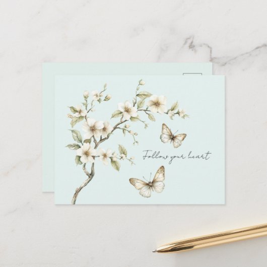 Munt Witte Bloemen Vlinders   Briefkaart (Voorkant / Achterkant in situ)