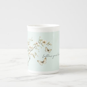 Munt Witte Bloemen Vlinders Bruiloftsborrel Porselein Kop