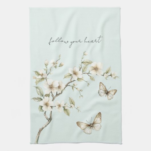 Munt Witte Bloemen Vlinders  Theedoek (Verticaal)