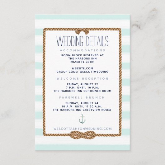Munt & Witte nautische knoop bruiloft details Informatiekaartje (Voorkant)