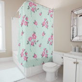 munt, witte polka stippen, shabby chic, roze flora douchegordijn (In situ)