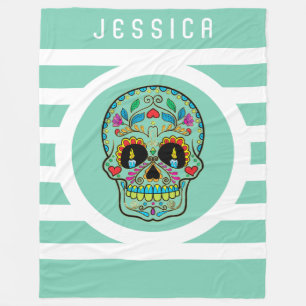 Munt & witte strepen met bloemige suikerschedel fleece deken