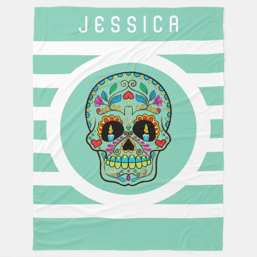 Munt & witte strepen met bloemige suikerschedel fleece deken (Voorkant)