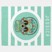 Munt & witte strepen met bloemige suikerschedel fleece deken (Voorkant (Horizontaal))