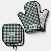 Munt & Zwart Buffel Plaid Monogram Initialen | Ovenwant & Pannenlap Set (Voorkant / Achterkant)