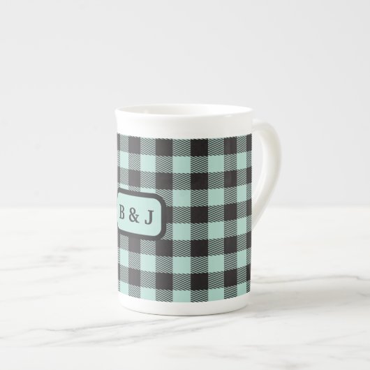 Munt & Zwart Buffel Plaid Monogram Initialen | Porselein Kop (Voorkant rechts)