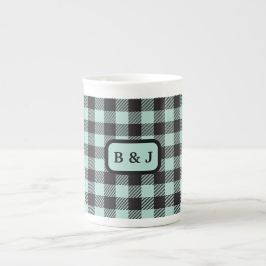 Munt & Zwart Buffel Plaid Monogram Initialen | Porselein Kop (Voorkant)