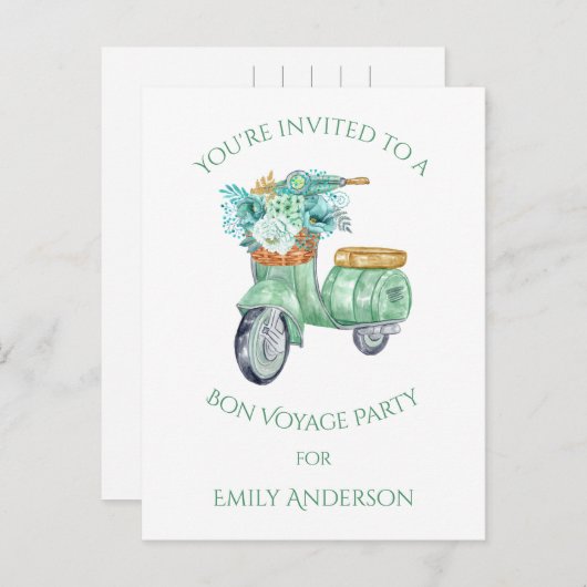 Muntbloemen en Scooter Bon Voyage Feest Uitnodiging Briefkaart (Voorkant / Achterkant)