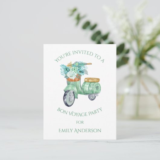 Muntbloemen en Scooter Bon Voyage Feest Uitnodiging Briefkaart (Staand voorkant)