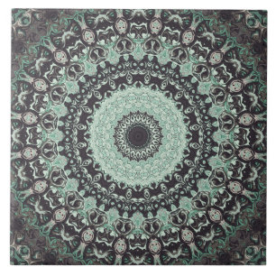 Muntgroen en houtskool Mandala Patroon Tegeltje