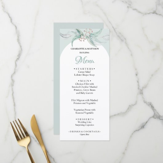 Muntgroen Eucalyptus Aquarel Handgeschilderd Menu (Voorkant / Achterkant in situ)