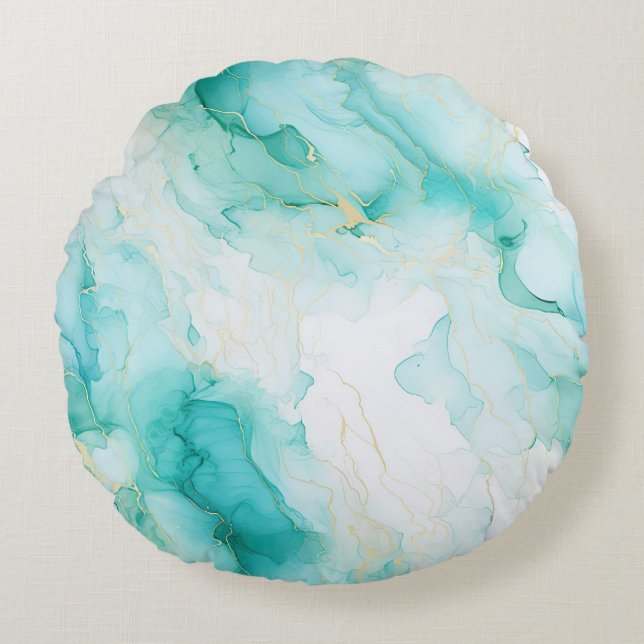Muntgroen Goud Witte Marmer Rond Kussen (Voorkant)