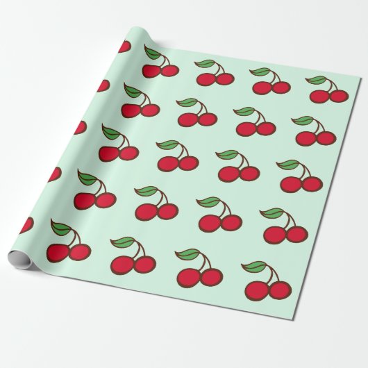 Muntgroen Kerst Kersen Inpakpapier (Uitgerold)