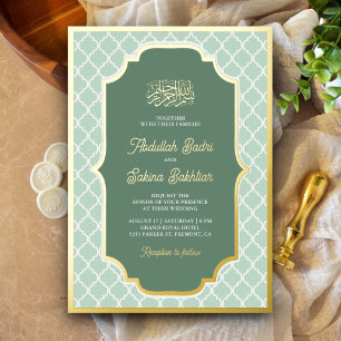 Muntgroen Quatrefoil Patroon Moslim Bruiloft Goud Folie Uitnodiging