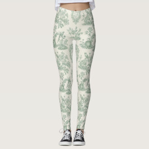 Muntgroen Toile Bloem- en Vogelpatroon Leggings