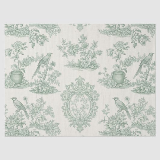 Muntgroen Toile Bloem- en Vogelpatroon Tissuepapier (Voorkant)