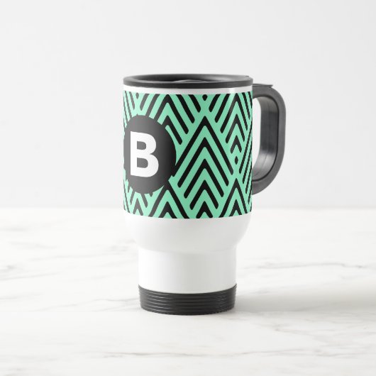 Muntgroen trendy chevronpatroon monogram reisbeker (Voorkant rechts)