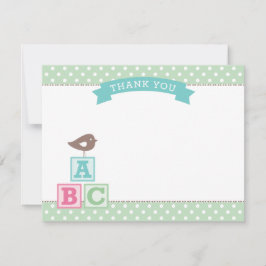 Muntgroene ABC-blokken Vogel Baby Shower Bedankkaart