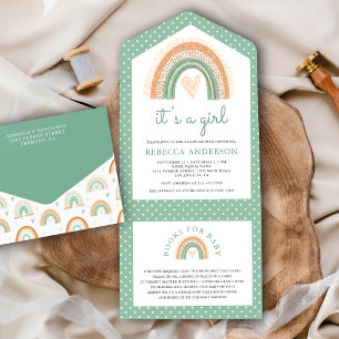Muntgroene Aquarel Boho Regenboog Baby Shower All In One Uitnodiging