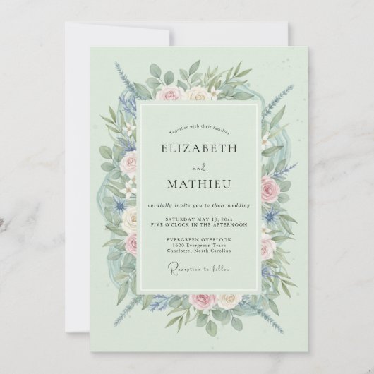 Muntgroene Bloemige Bruiloft Kaart (Voorkant)