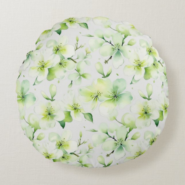 Muntgroene Bloemige Tie Dye Rond Kussen (Voorkant)