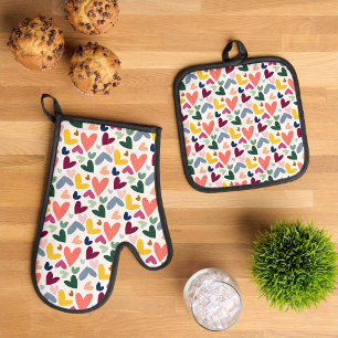 Muntgroene Blush Roze Blauwe Harten Kunstpatroon Ovenwant & Pannenlap Set